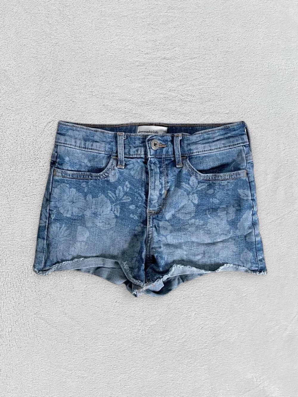 Abercrombie Kids Floral Raw Medium Blue High Rise Jean Shortie Short Girls 11/12